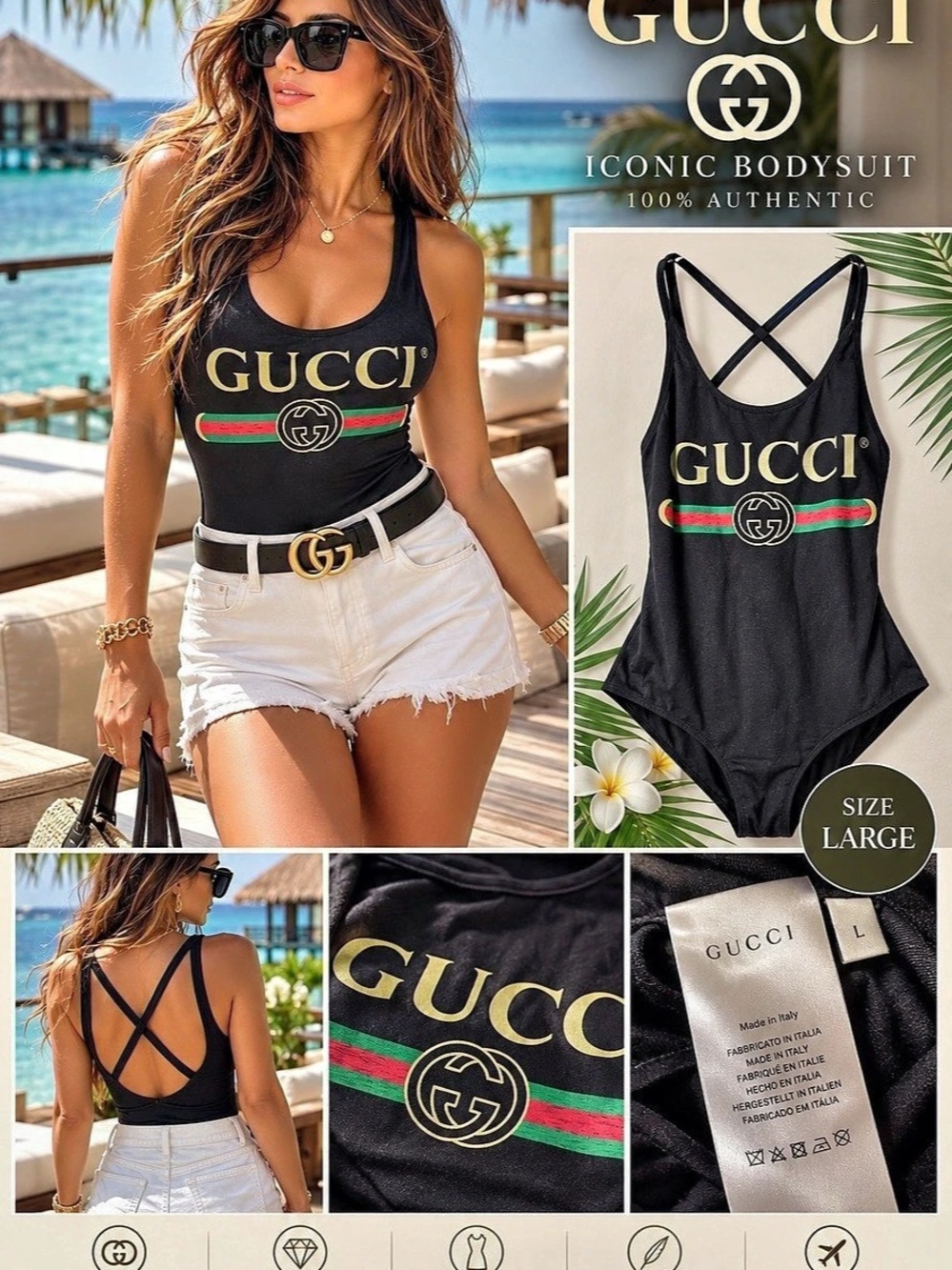Gucci Logo Print Bodysuit One-Piece Swimsuit Black & Green Large authentic